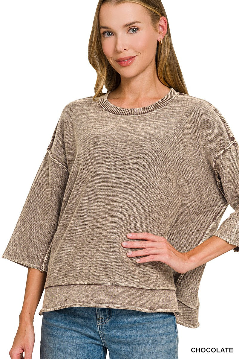 Chocolate Washed 3/4 Sleeve Boxy Zenana Sweater 8/20/26 1390