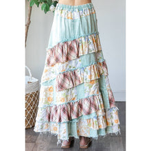 Blue Washed Plaid Flower Patchwork Slit Oli+Hali Maxi Skirt