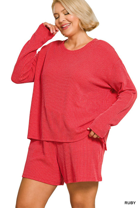 Ruby Plus Raised Rib Long Sleeve Tee & Shorts Zenana Set 9/9/26 1430