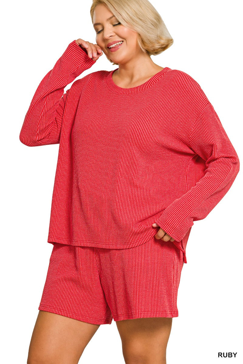 Ruby Plus Raised Rib Long Sleeve Tee & Shorts Zenana Set 9/9/26 1430