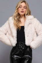 Cream Long Sleeve Notched Collar Faux Fur Cropped Jacket