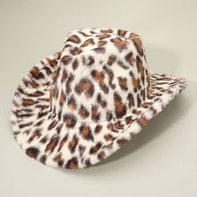 Brown Fuzzy Faux Fur Leopard Pattern Cowboy Fedora Hat