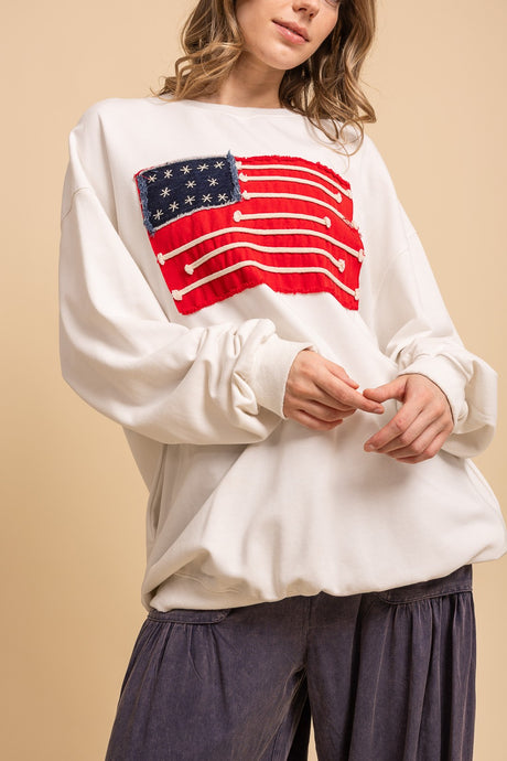 White Usa Flag Patch Work Crew Neck Blue Velvet Sweatshirt 6/9/26 1320