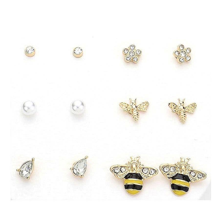 12pk Bee Series Rhinestone Pearls Studs