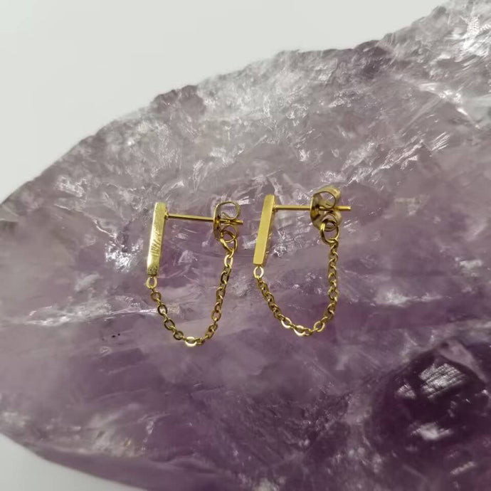 18K Gold Bar Chain Stud Earrings