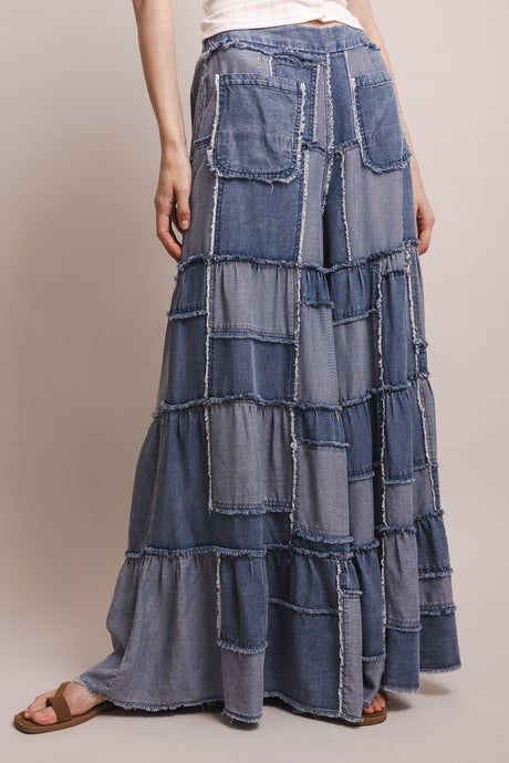 Denim Wide Leg Patchowrk Chambray Tiered Blue Velvet Pants 6/9/26 1322