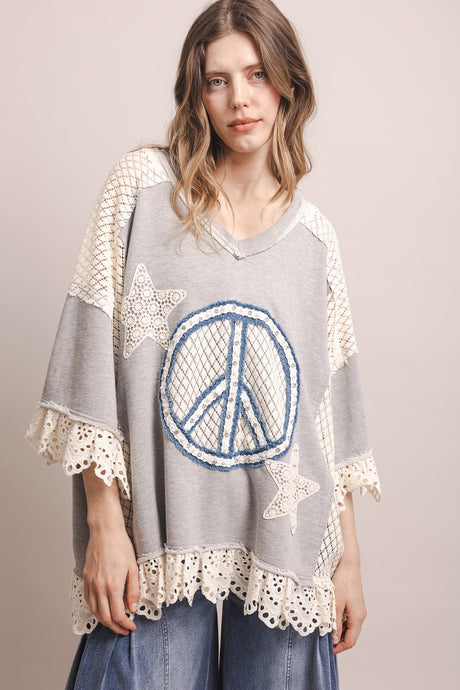 Light Grey Embellished Peace Sign Lace Ruffle Blue Velvet Top 5/28/26 1311
