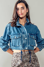Blue Utility Cropped Drawstring Hem Stand Collar Denim Urban Daizy Jacket
