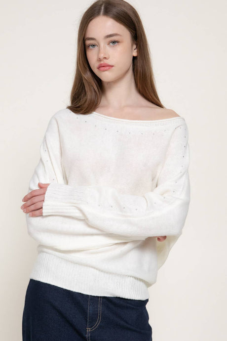 Off White Long Sleeve Wide Boat Neck Studded Sweater