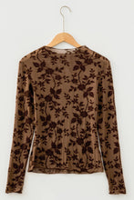 Brown Floral Print Mock Neck Sheer Mesh Long Sleeve Top