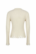Ivory Knit Long Sleeve Top with Collar and Fringe Detail