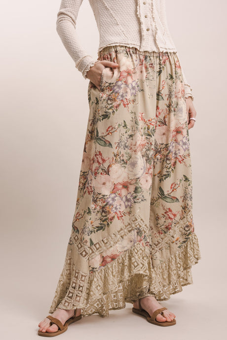 Taupe Asym Wide Leg Floral Lace Trim Blue Velvet Pants 5/28/26 1314