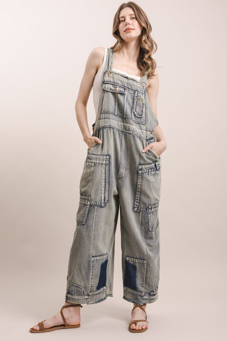 Denim Inspired Patchwork Blue Velvet Bib Overalls 7/3/26 1340