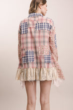Pink Multi Patchwork Lace Ruffle Hem Plaid Mix Blue Velvet Shirt 8/18/26 1370