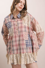Pink Multi Patchwork Lace Ruffle Hem Plaid Mix Blue Velvet Shirt 8/18/26 1370