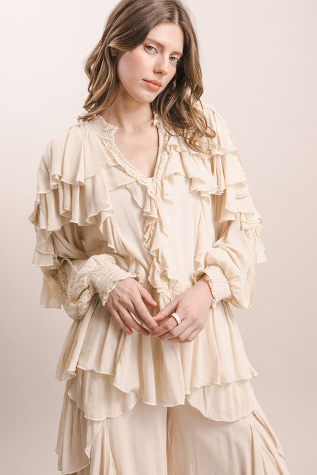 Cream Lace Ruffle Long Sleeve Blue Velvet Blouse 6/9/26 1325