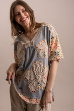 Dusty Blue V Neck Flower Patchwork Blue Velvet Top 6/2/26 1318