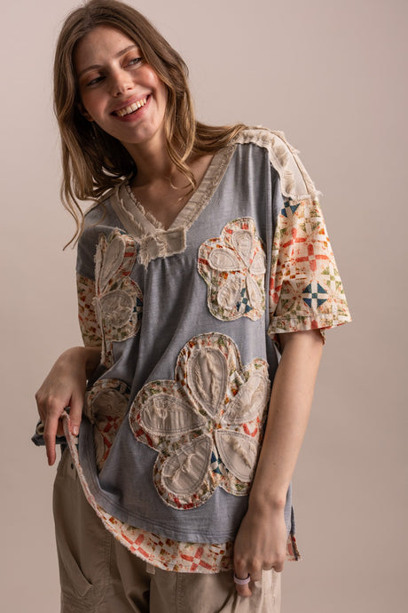 Dusty Blue V Neck Flower Patchwork Blue Velvet Top 6/2/26 1318