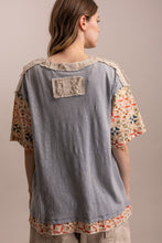 Dusty Blue V Neck Flower Patchwork Blue Velvet Top 6/2/26 1318