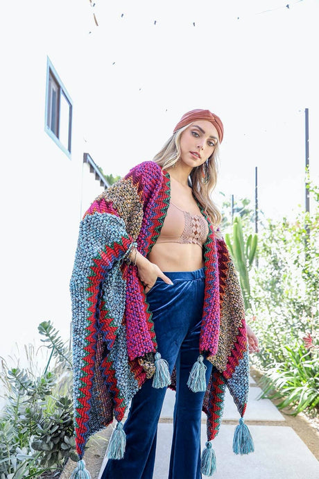Magenta Unique Patterned Crochet Ruana – Colorful Tassel Cardigan