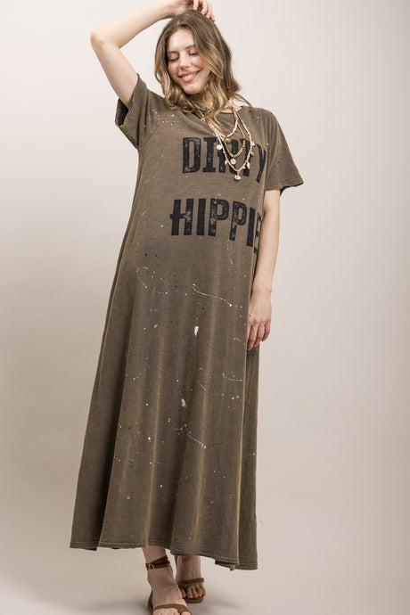 Charcoal Dirty Hippie Paint Splash Long Blue Velvet T-Shirt Dress 5/28/26 1313
