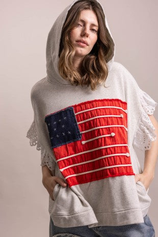 Warm Grey Short Ruffle Sleeve American Flag Blue Velvet Hoodie 6/9/26 1323
