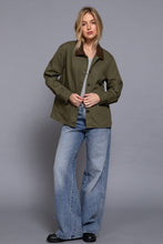 Olive Long Sleeve Corduroy Collar Detail Cotton Twill Work Jacket