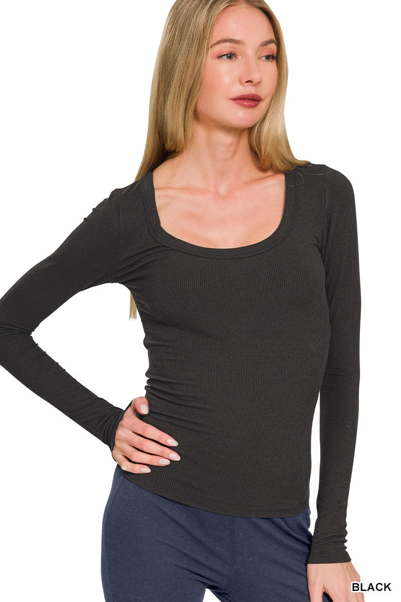 Black Ribbed Boat Neck Long Sleeve Zenana Tee 10/14/26 1516