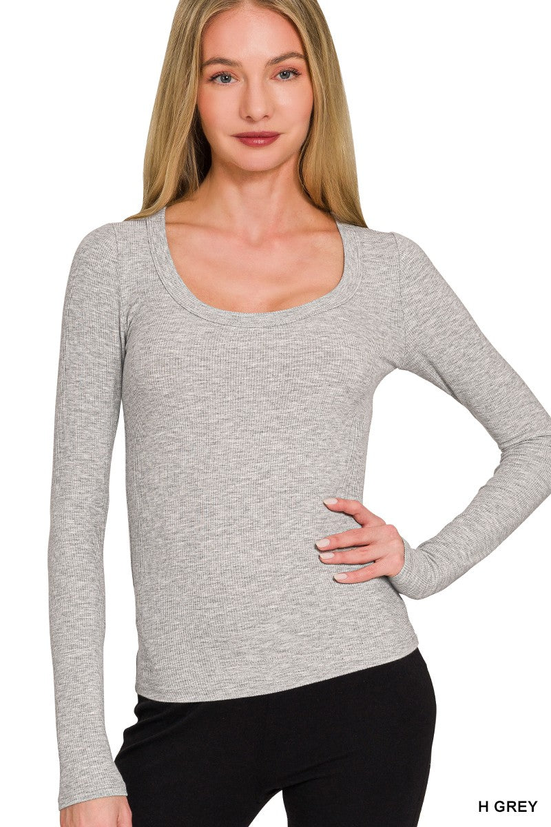 Heather Grey Ribbed Boat Neck Long Sleeve Zenana Tee 10/14/26 1517