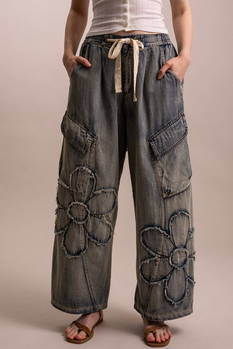 Light Denim Wide Leg Flower Patchwork Cargo Baggy Blue Velvet Pants 6/9/26 1324