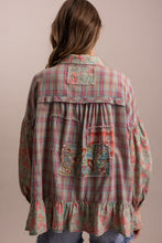 Pink Multi Patchwork Floral Plaid Button Down Blue Velvet Blouse 8/18/26 1374