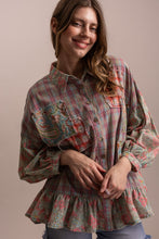 Pink Multi Patchwork Floral Plaid Button Down Blue Velvet Blouse 8/18/26 1374