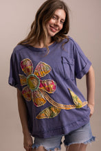 Blue Round Neck Short Sleeve Flower Patch Blue Velvet Top 8/18/26 1369