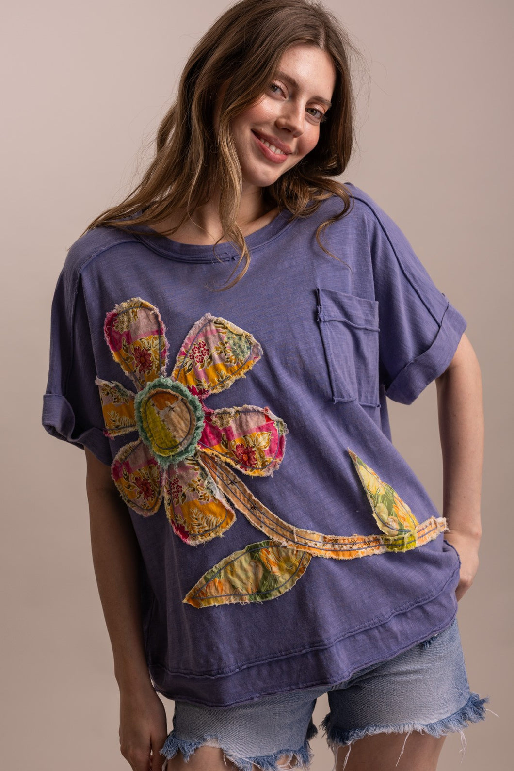 Blue Round Neck Short Sleeve Flower Patch Blue Velvet Top 8/18/26 1369