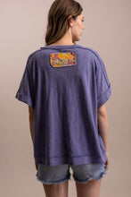 Blue Round Neck Short Sleeve Flower Patch Blue Velvet Top 8/18/26 1369