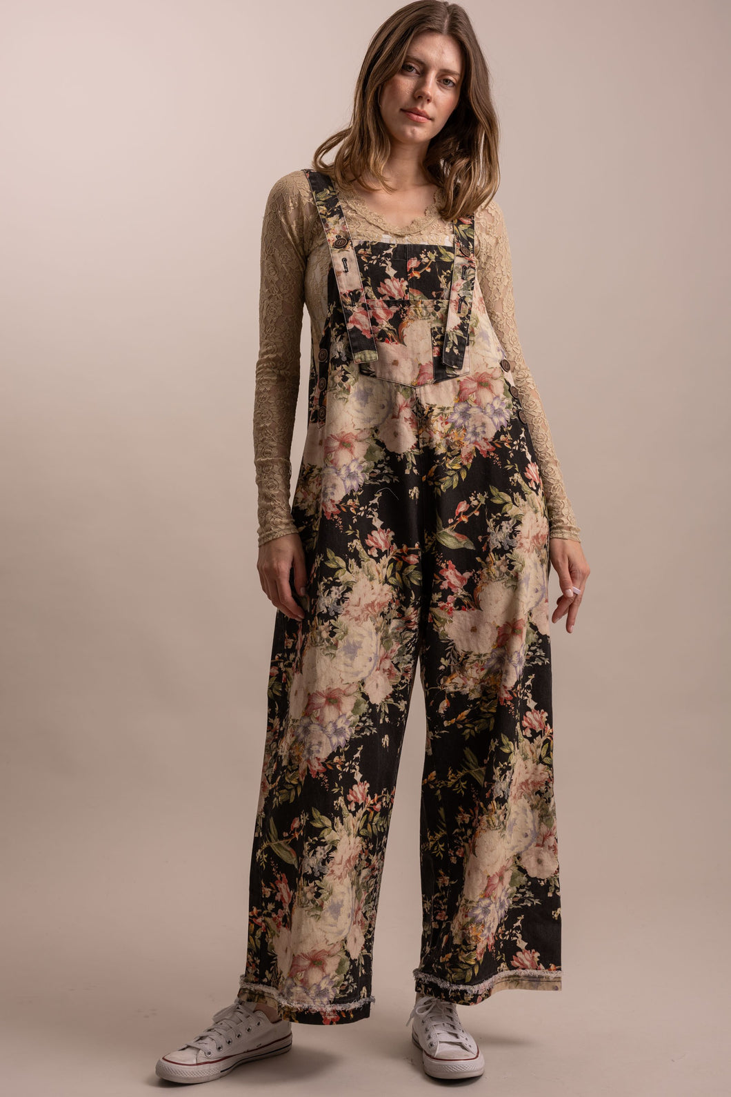 Black Flower Print Wide Leg Blue Velvet Overalls 8/18/26 1367
