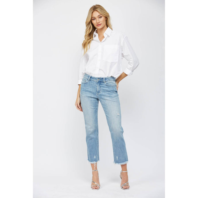 Powder Blue Mid Rise Cigarette Crop Mica Denim Jeans