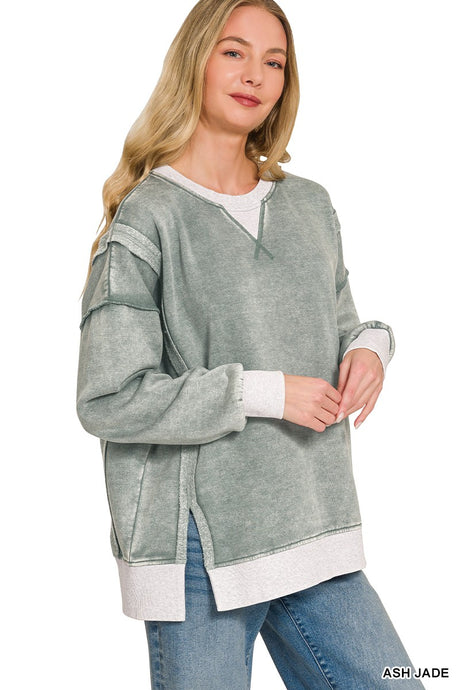 Ash Jade Fleece Acid Washed Contrast Trim Zenana Pullover 8/4/26 1360