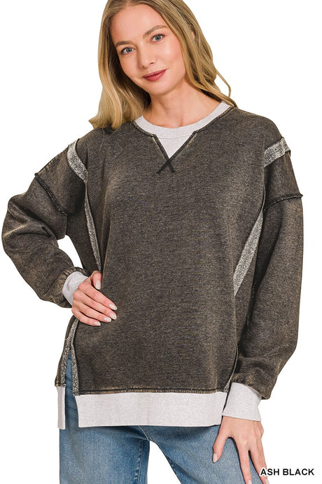 Ash Black Fleece Acid Washed Contrast Trim Zenana Pullover 8/4/26 1359