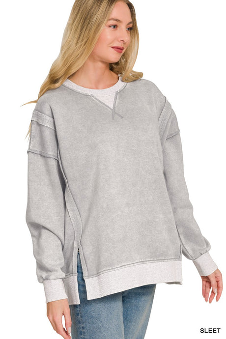 Sleet Fleece Acid Washed Contrast Trim Zenana Pullover 8/4/26 1365