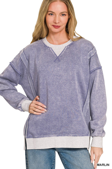 Marlin Fleece Acid Washed Contrast Trim Zenana Pullover 8/4/26 1364