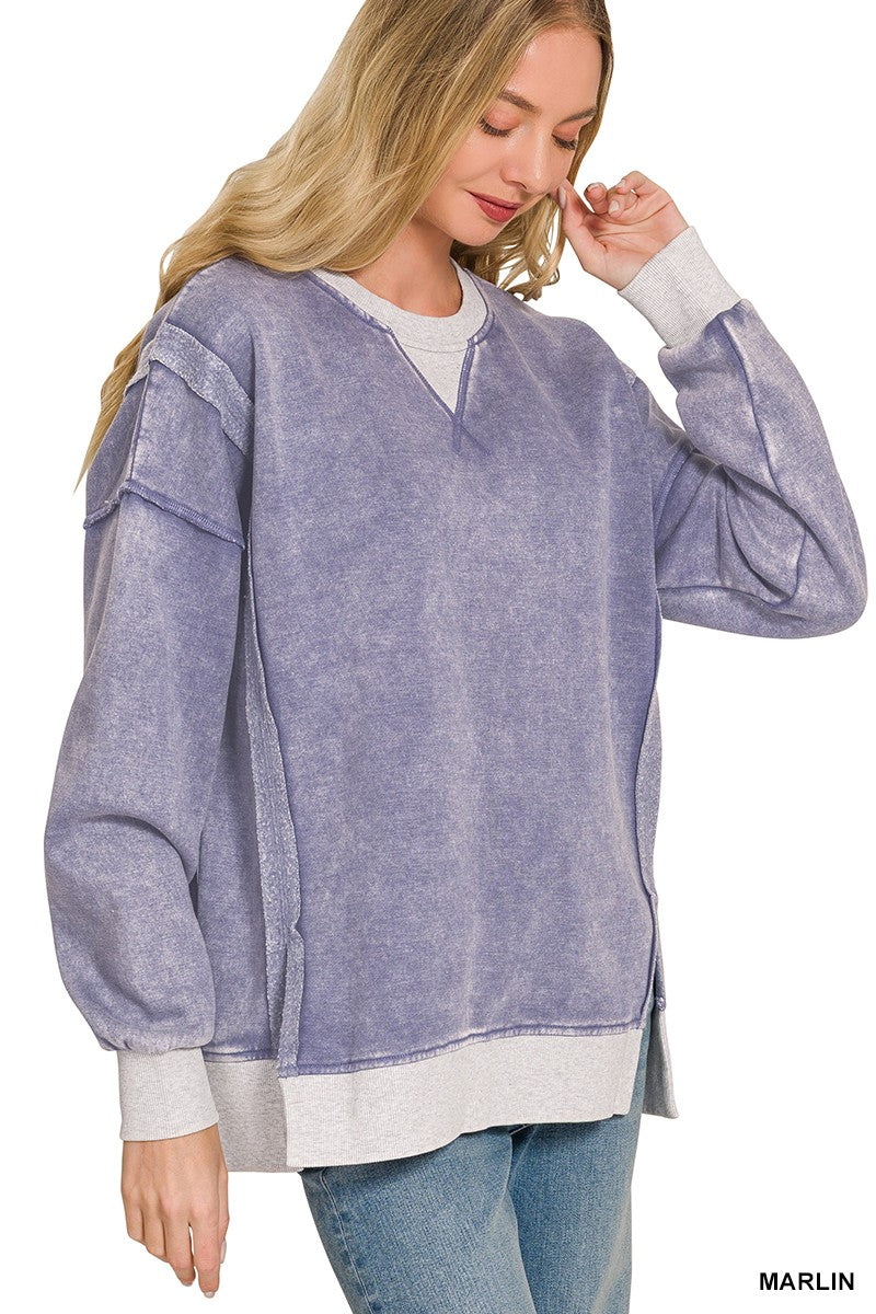 Marlin Fleece Acid Washed Contrast Trim Zenana Pullover 9/21/26 1462