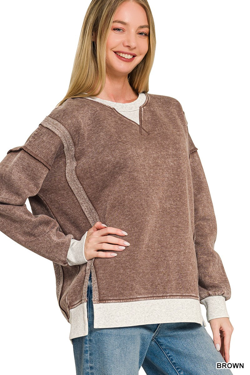 Brown Fleece Acid Washed Contrast Trim Zenana Pullover 8/4/26 1362