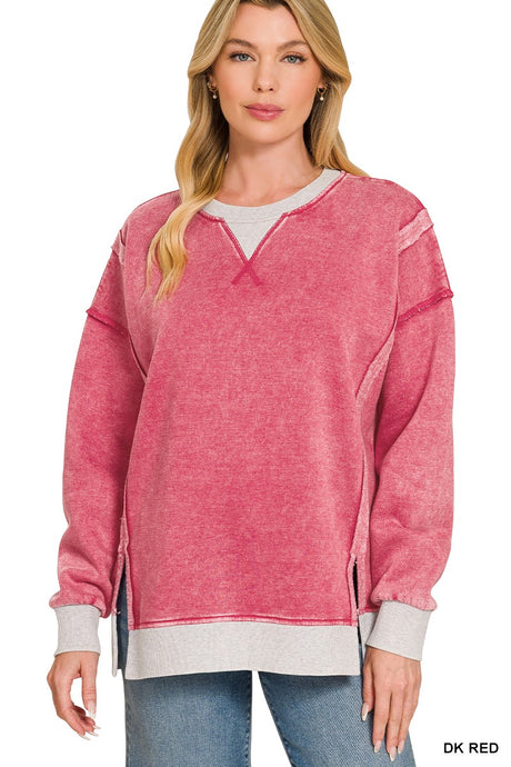 Dark Red Fleece Acid Washed Contrast Trim Zenana Pullover 9/3/26 1403