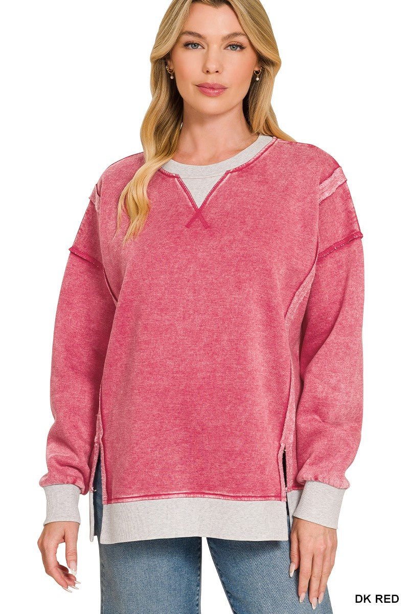 Dark Red Fleece Acid Washed Contrast Trim Zenana Pullover 9/3/26 1403
