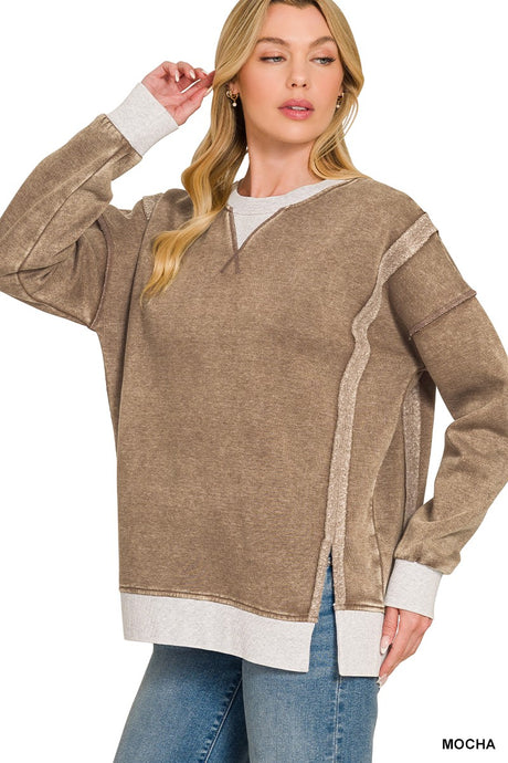 Mocha Fleece Acid Washed Contrast Trim Zenana Pullover 9/3/26 1404