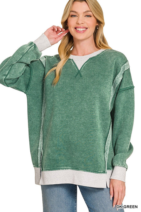 Dark Green Fleece Acid Washed Contrast Trim Zenana Pullover 8/4/26 1363