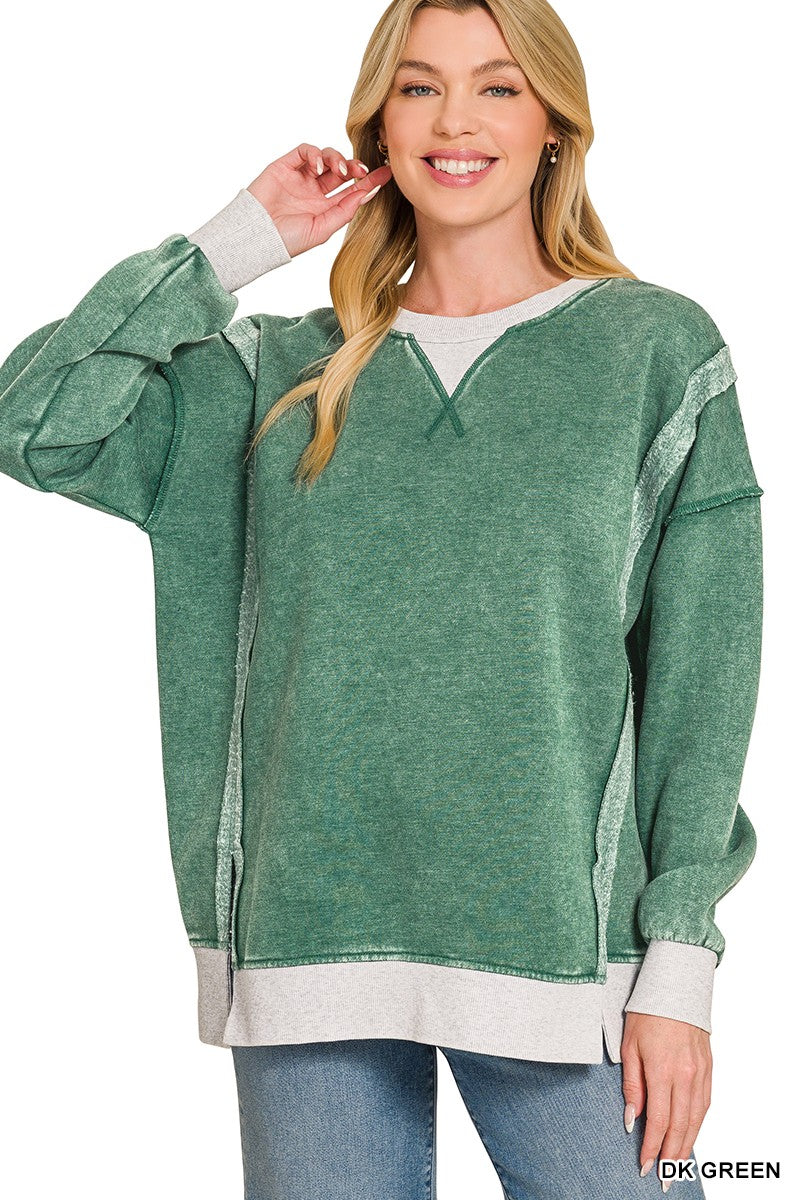 Dark Green Fleece Acid Washed Contrast Trim Zenana Pullover 8/4/26 1363