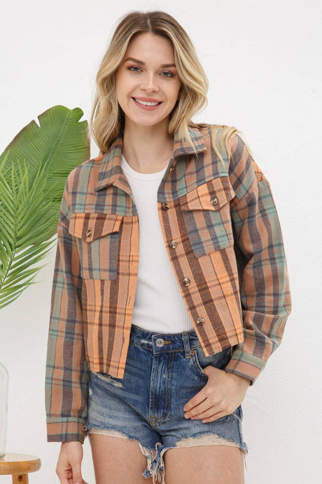 Apricot Tan Soft Lightweight Plaid Mix Crop Shirt Jacket