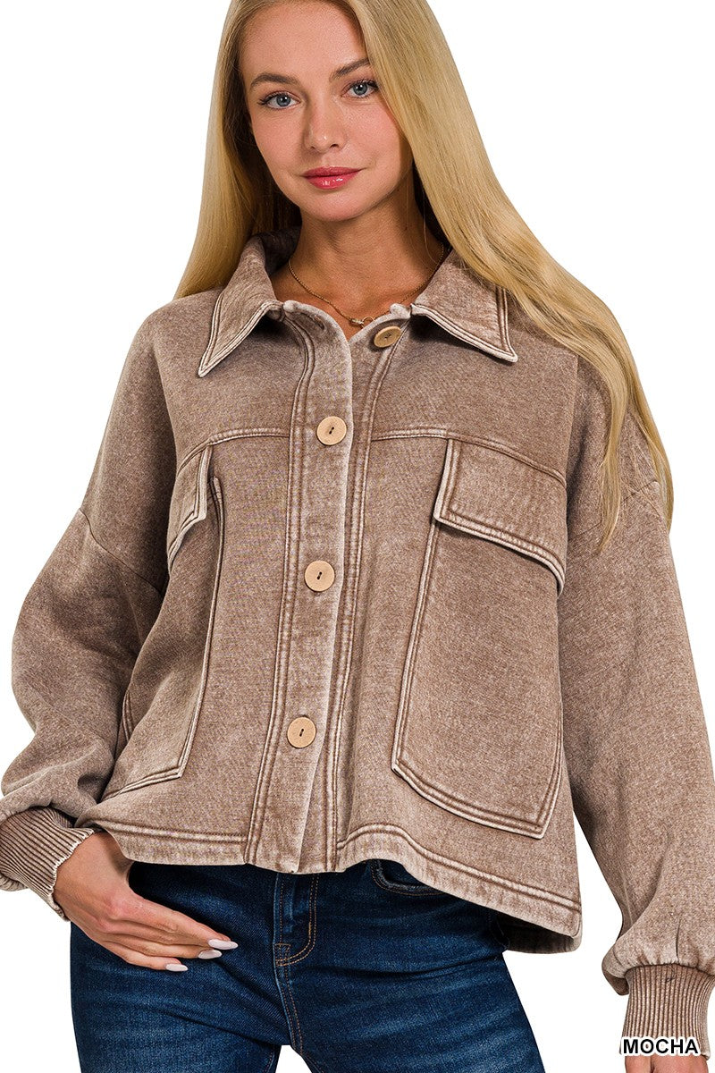 Mocha Acid Washed Fleece Cropped Zenana Shacket 8/4/26 1356